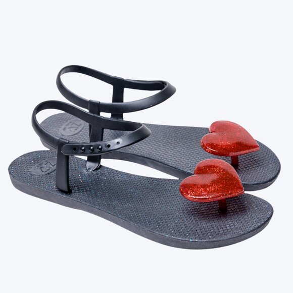 ZHOELALA – Sandals Comfort "BIG LOVE" • Deep Black/Fiery Red Heart - Picture 3 of 10
